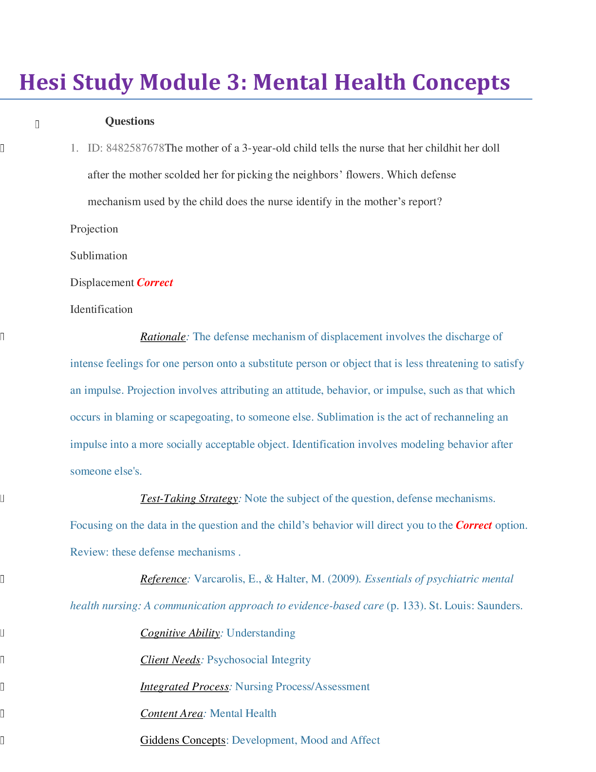 Preview of Hesi Study Module 3 _ Mental Health Concepts | Contains 50 QnA with the Rationale, Test ta
